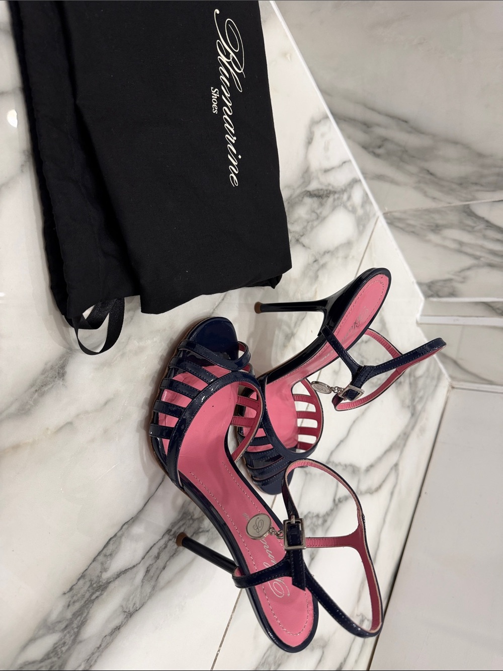 Blumarine Navy Strappy Heel with Pink Insole
